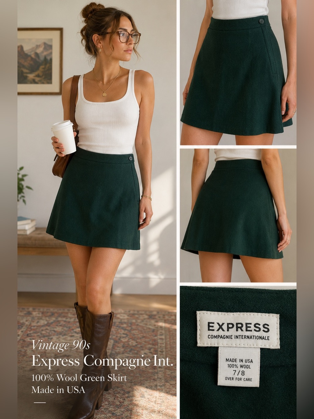Vintage 90s Express Compagnie Int. 100% Wool Green Skirt NWT Made in USA